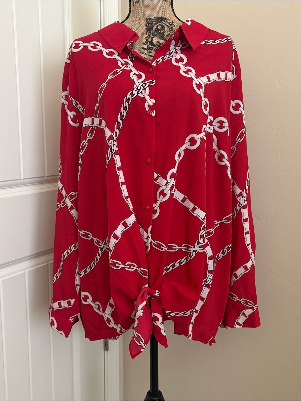Susan Graver Red & White Chain Print Tie Bottom Button Down Blouse - 28W